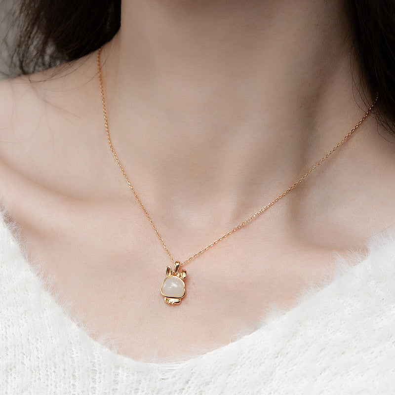 S925 sterling silver plated with 10K gold twelve zodiac rabbit natural Hetian jade all-match pendant