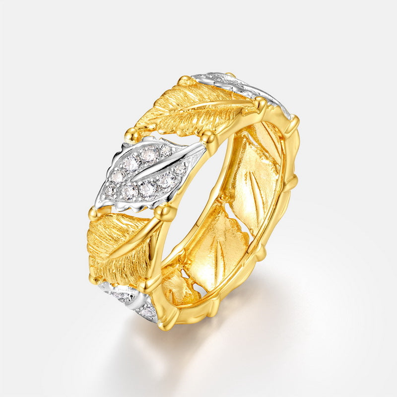 S925 sterling silver with 10K gold plated bright silver hand-brushed two-tone maple leaf ring | European and American fashion cool light luxury ring personality street design