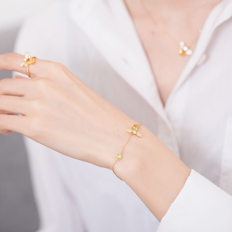 S925 sterling silver plated with 10K gold Japanese and Korean style natural citrine peridot bee set