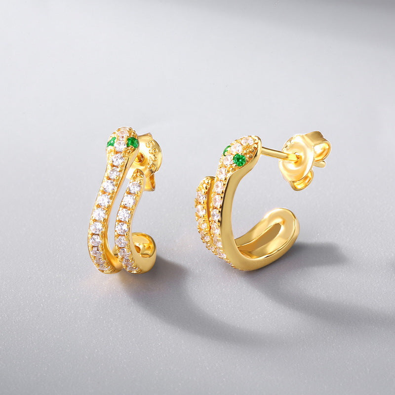 S925 sterling silver with 9K gold-plated snake jewelry set | Nano-green zirconium imitation diamonds embellish the twelve zodiac snake elements earrings, necklaces, rings, bracelets and earrings