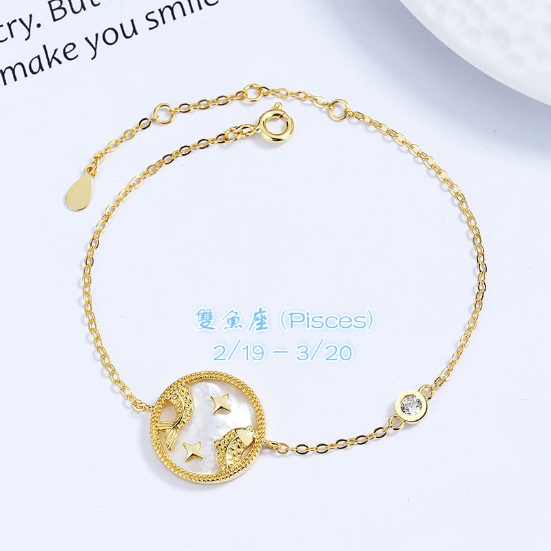 S925 sterling silver with 18K gold plating, twelve zodiac signs bracelet | white shell imitation diamond interstellar lucky charm