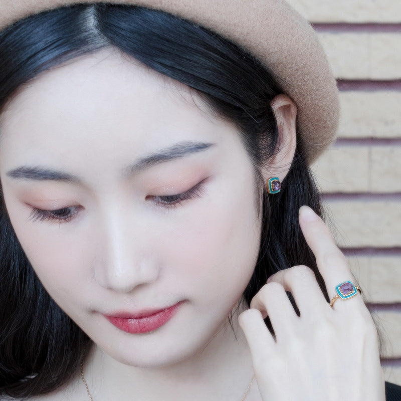 S925 sterling silver plated with 9K gold Japanese and Korean style oil drop inlaid with natural amethyst set