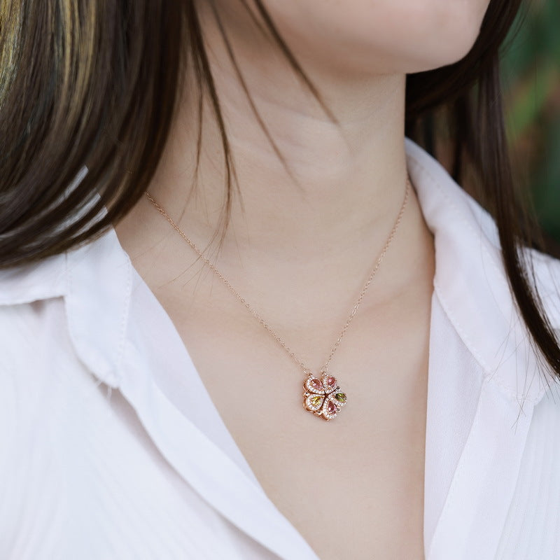 S925 sterling silver rose gold plated light luxury natural tourmaline four-leaf clover jewelry set
