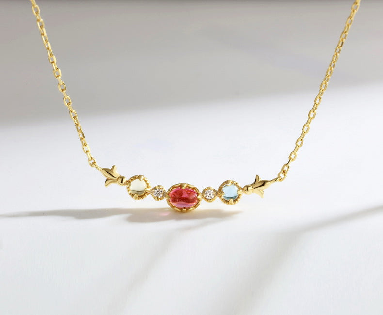 S925 sterling silver with 18K gold plated natural red tourmaline sky blue topaz lemon quartz necklace | Elegant and elegant design clavicle necklace