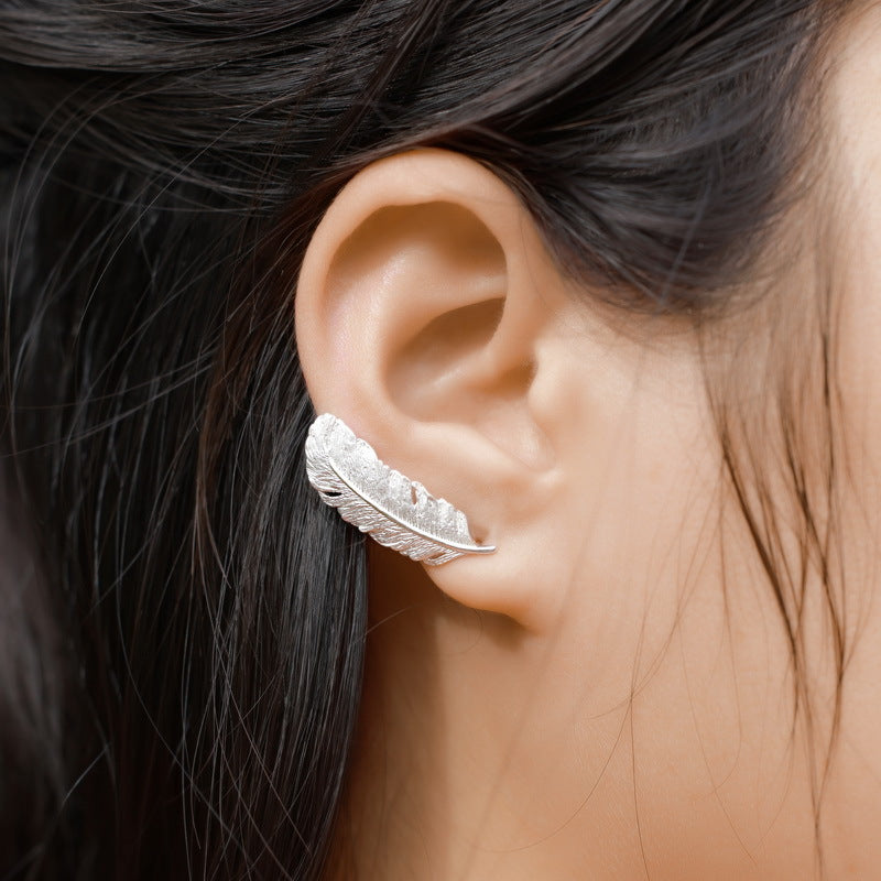 S925 sterling silver plated bright silver feather set | Hand-brushed light luxury retro jewelry four-piece set