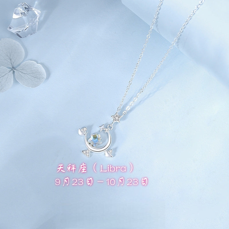 S925 sterling silver twelve zodiac moonstone necklace | inlaid with imitation diamonds interstellar romantic jewelry