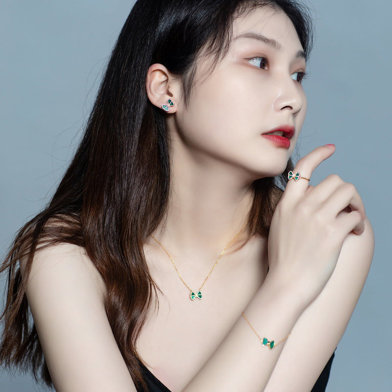 S925 sterling silver plated with 10K gold light luxury fashion malachite bow set