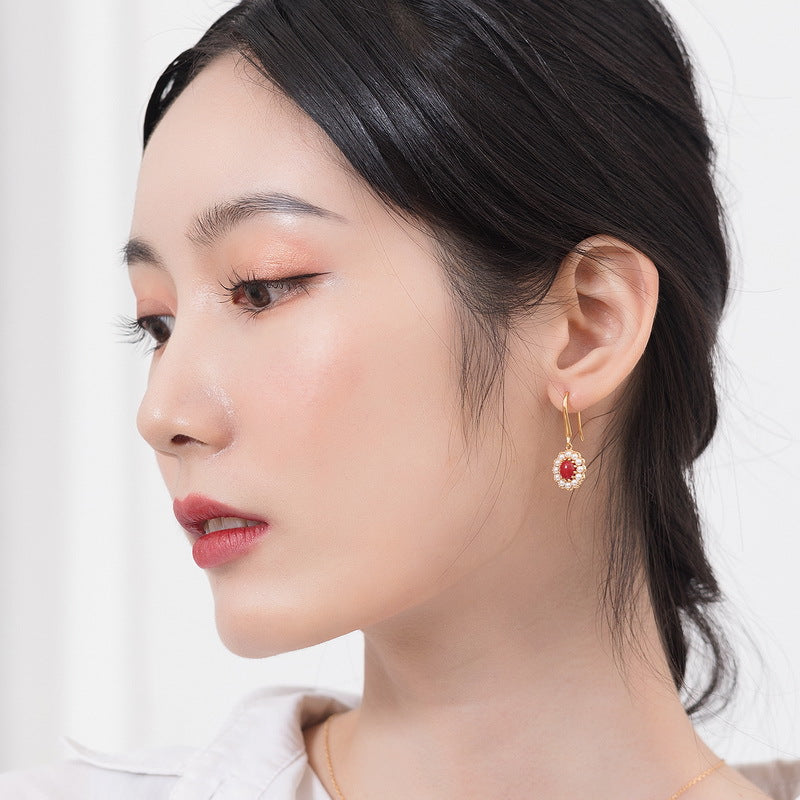 S925 sterling silver with 10K gold plated synthetic coral shell bead set | Oriental palace style red elegant jewelry