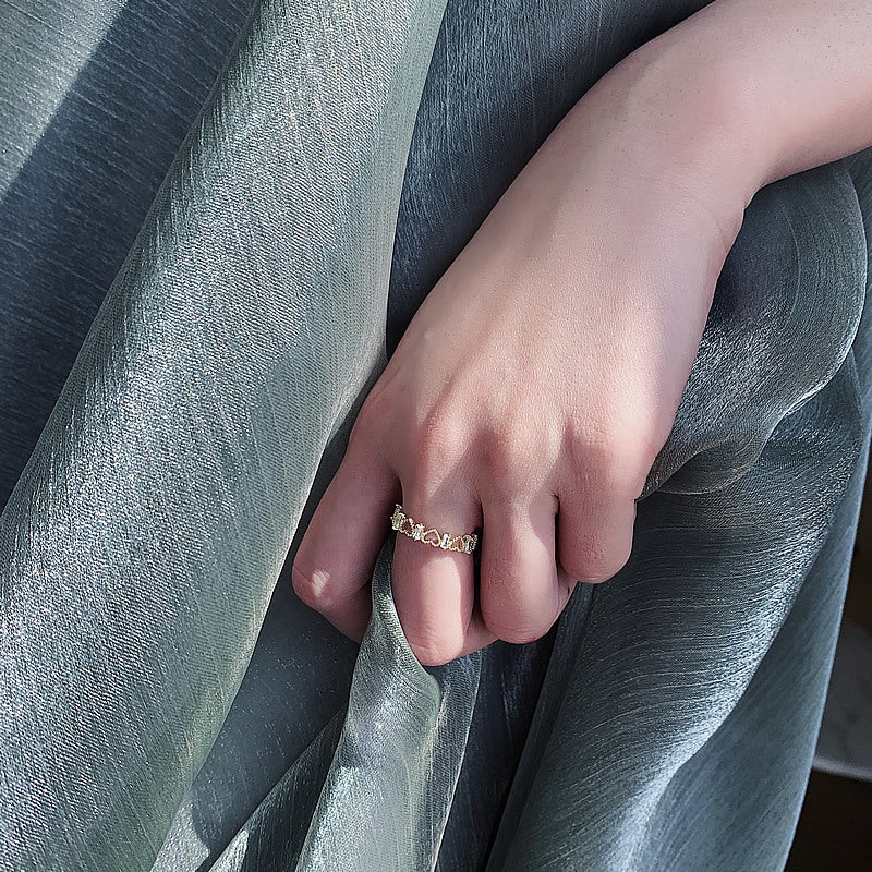 真金電鍍鏤空心形開口戒指金色鋯石戒潮韓國時尚百搭女網紅食指戒