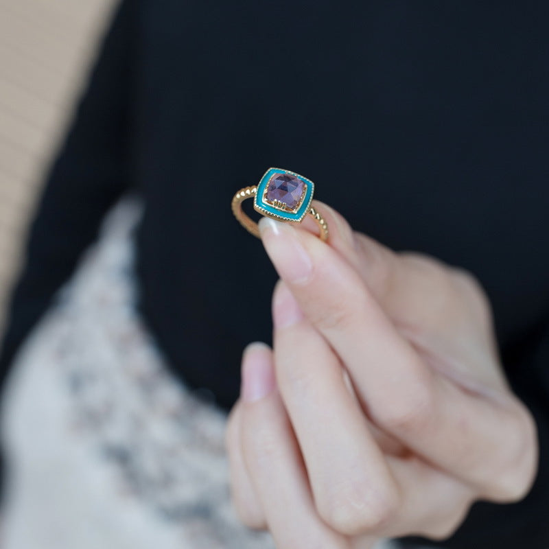 S925 sterling silver plated with 9K gold Japanese and Korean style oil drop inlaid with natural amethyst set