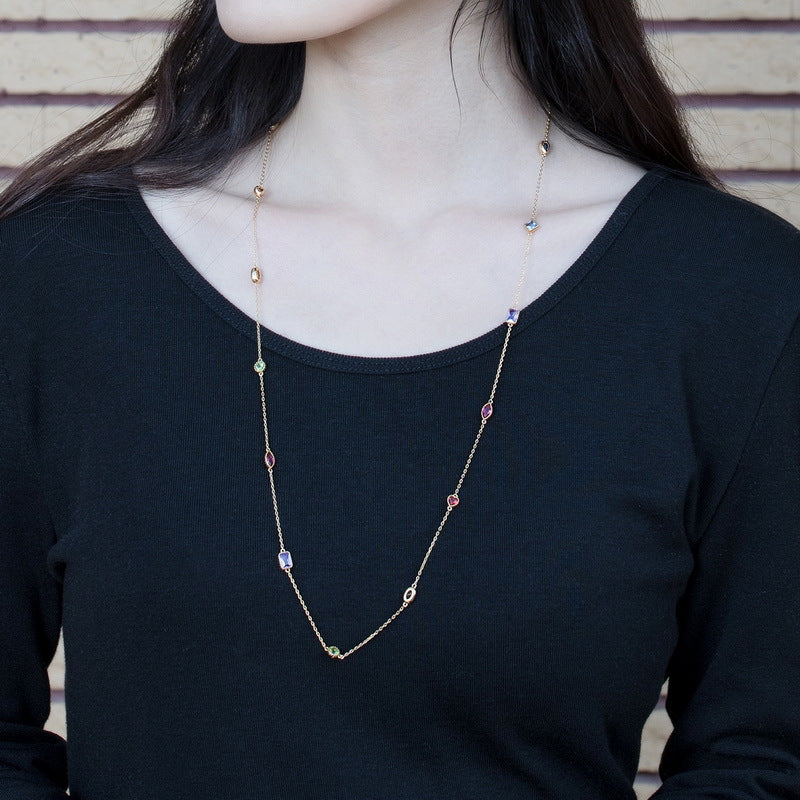 S925 sterling silver with 9K gold-plated zirconium set | Artistic holiday style rainbow gemstone necklace, earrings and bracelet combination