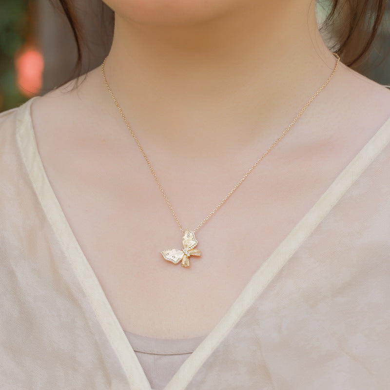 S925 sterling silver plated with 10K gold hand-brushed butterfly imitation diamond necklace | light luxury all-match clavicle necklace essential jewelry for workplace dating