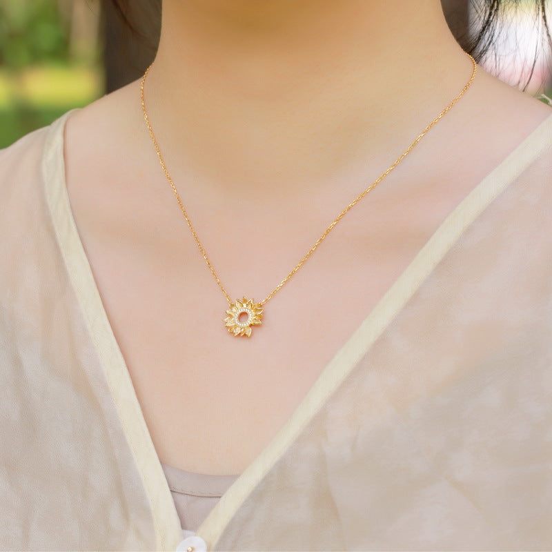 S925 sterling silver plated with 10K gold hand-brushed sunflower necklace inlaid with imitation diamonds | light luxury all-match clavicle necklace essential accessories for daily dating