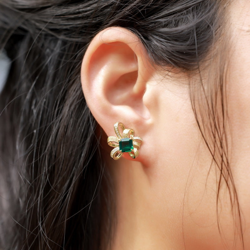 S925 sterling silver with 10K gold plated hand-brushed cultured emerald imitation diamond earrings | European and American light luxury earrings with retro and gorgeous jewelry