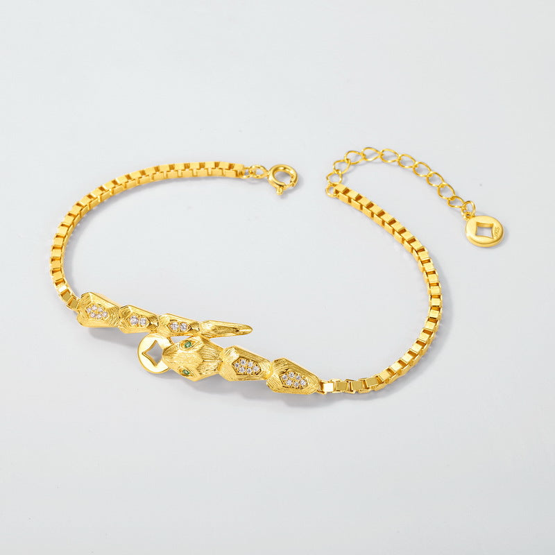 S925 sterling silver with 10K gold plated hand-brushed zodiac snake bracelet | Oriental trend light luxury hand jewelry imitation diamond snake design