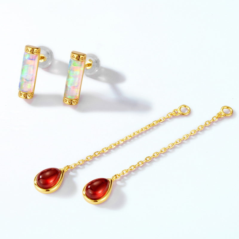 S925 sterling silver with 10K gold plating | Synthetic opal and natural garnet two-piece elegant long earrings