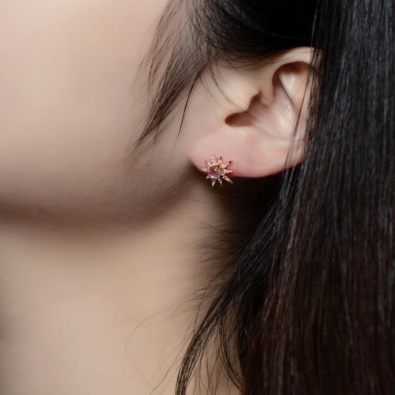 S925 sterling silver plated with 14K gold simple and stylish blue moonstone star earrings