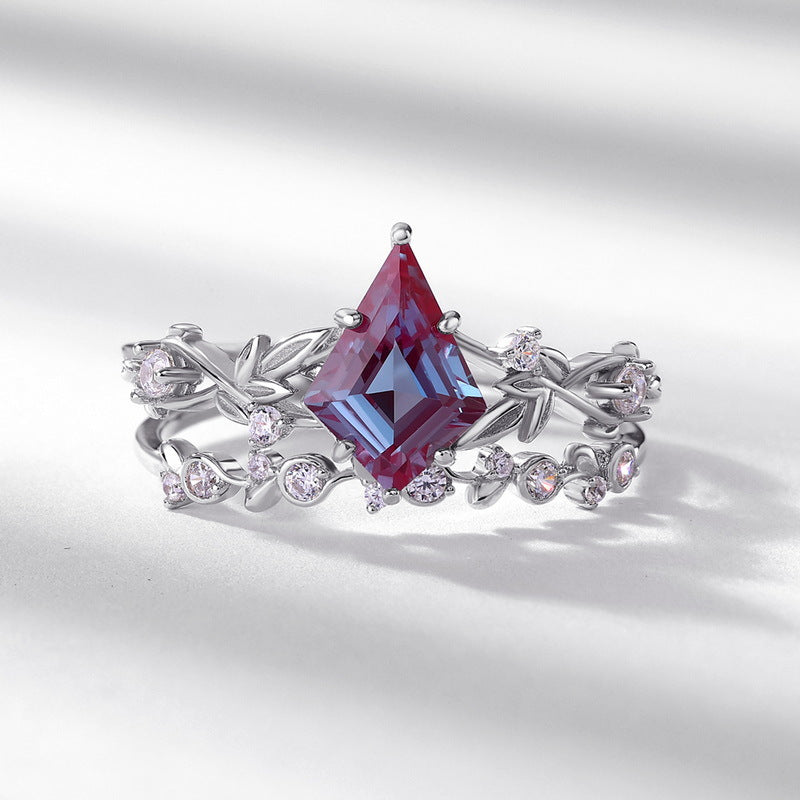 S925 Sterling Silver with Thick Silver and White Gold Plating | Synthetic Alexandrite and Imitation Diamond Flower Vine Ring