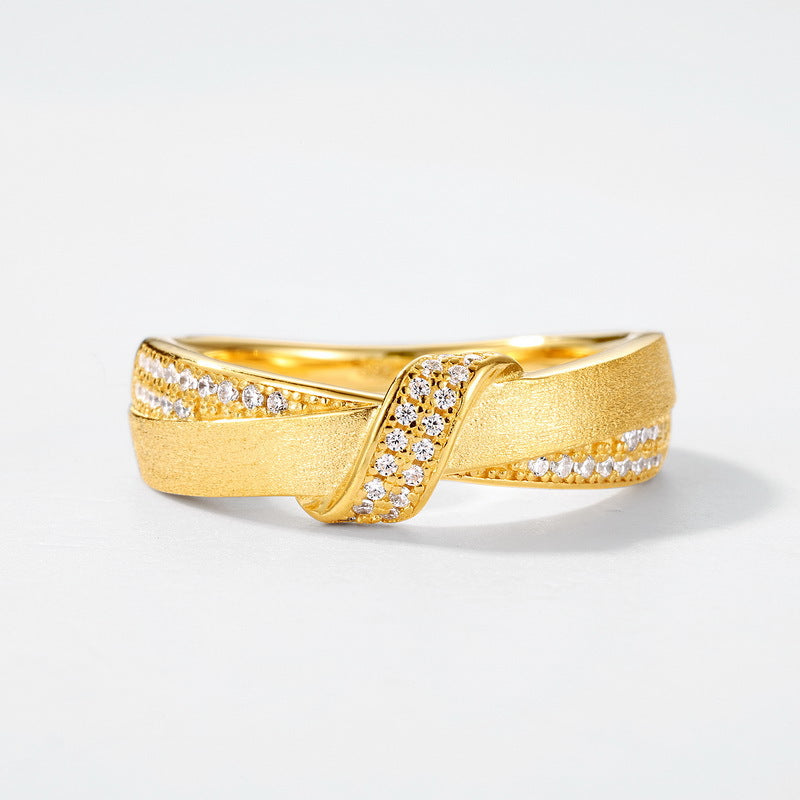 S925 sterling silver with 10K gold plated hand-brushed interwoven imitation diamond ring | Fashionable and elegant light luxury ring urban texture jewelry
