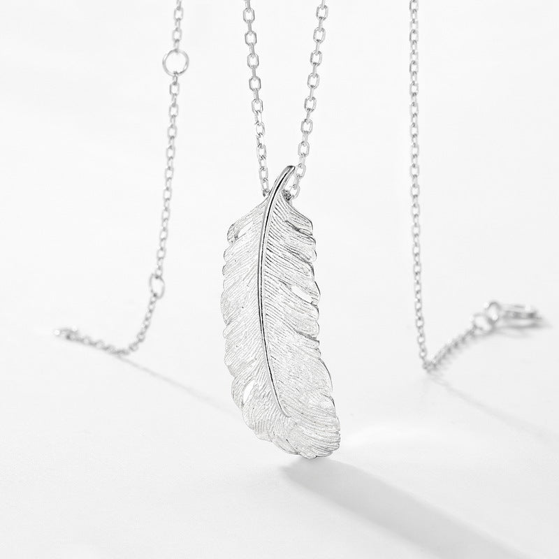 S925 sterling silver plated bright silver feather set | Hand-brushed light luxury retro jewelry four-piece set