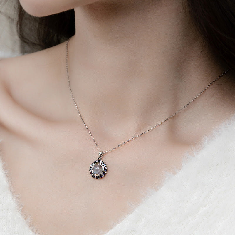 S925 sterling silver necklace with thick silver platinum platinum | Natural labradorite and synthetic blue corundum starry night romantic pendant
