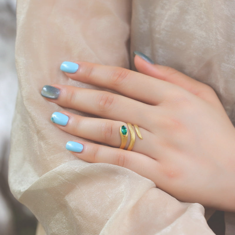 S925 sterling silver with 10K gold plated hand-brushed cultured emerald 12 zodiac snake ring | Emotional guardian ring, gift, personal wear, and collectible jewelry