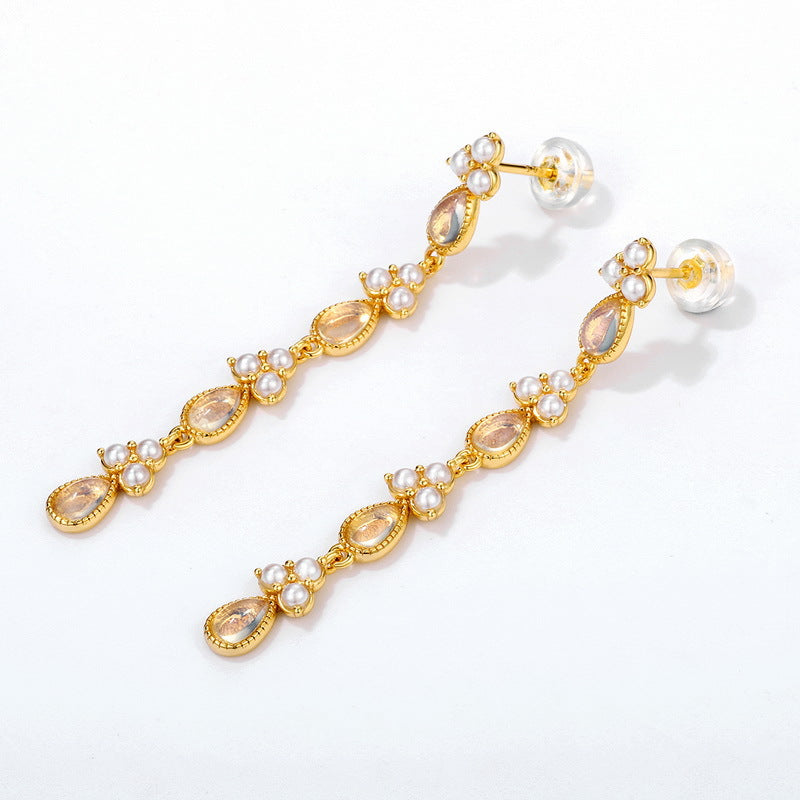 S925 sterling silver plated with 9K gold Japanese and Korean style light luxury shell pearl opal long earrings