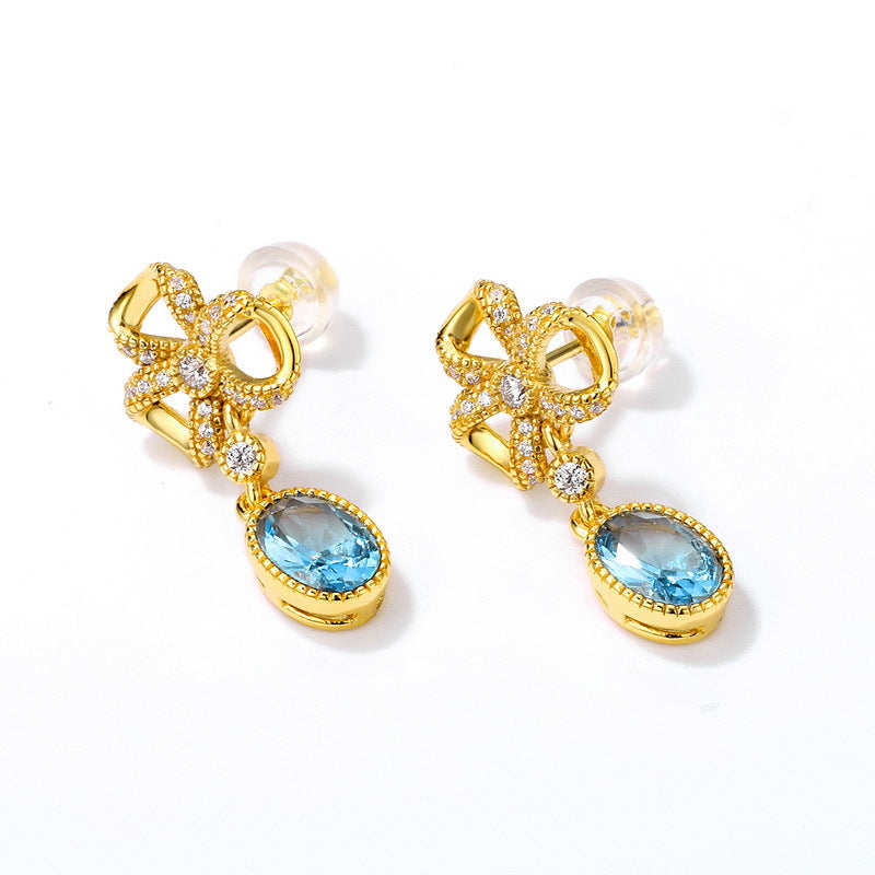 S925 純銀鍍 9K 金耳環|天空藍納米鋯仿鑽 花語日韓風必備