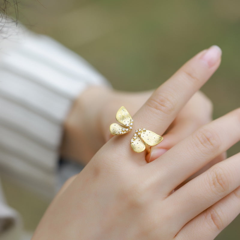 S925 sterling silver with 10K gold plated hand-brushed butterfly ring with imitation diamonds | Forest-style smart light luxury ring natural style jewelry