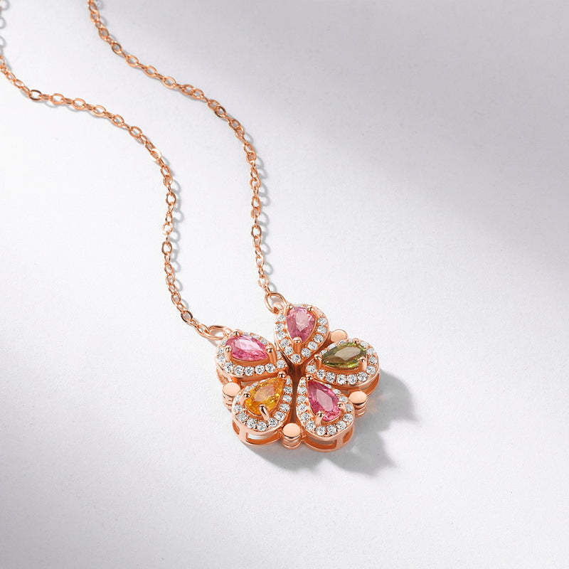 S925 sterling silver rose gold plated light luxury natural tourmaline four-leaf clover jewelry set