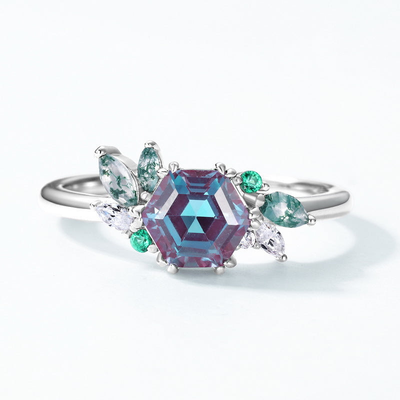 S925 sterling silver plated with thick platinum and European and American style ring | Cultivated alexandrite with multicolored gemstones, a beautiful June birthstone ornament
