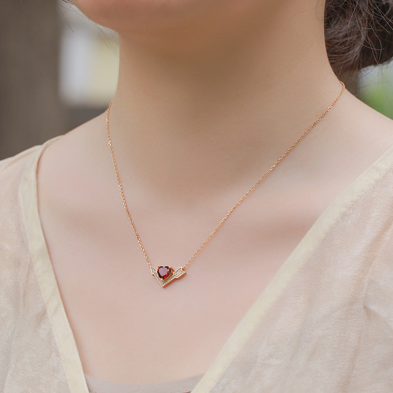 S925 sterling silver plated with 10K gold hand-brushed Cupid's Arrow set | Red garnet Cupid necklace and ring confession gift jewelry
