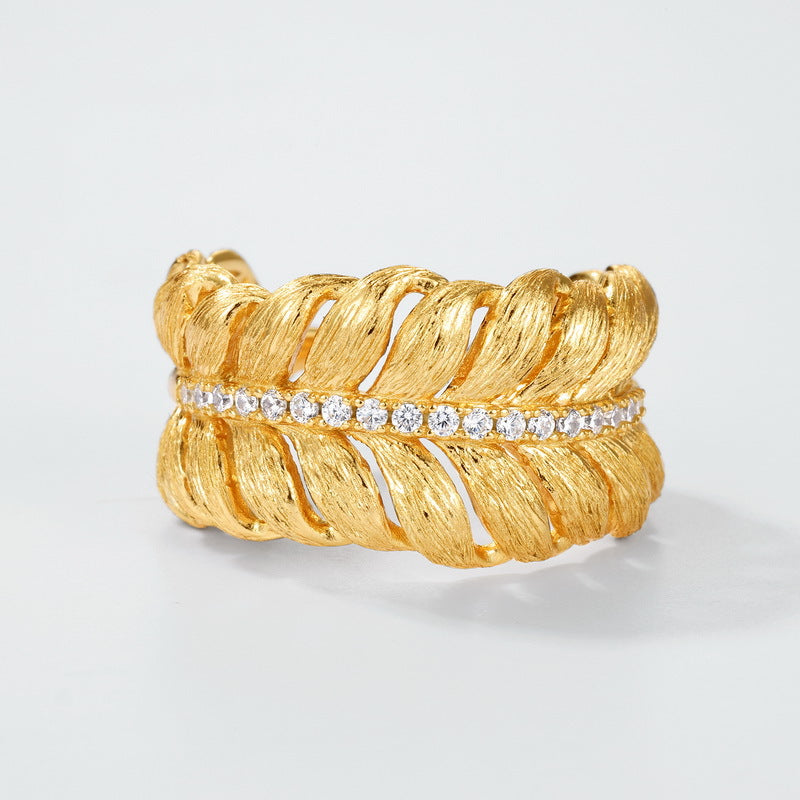S925 sterling silver with 10K gold plated hand-brushed feather and imitation diamond ring | European and American style handmade art luxury ring craftsmanship