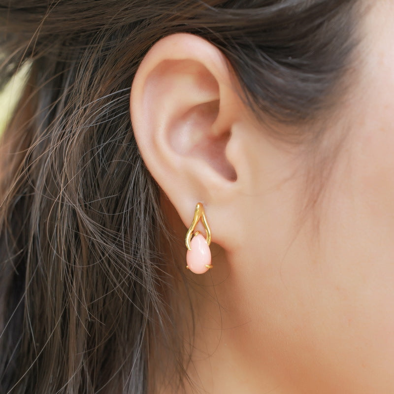 S925 sterling silver with 10K gold plated jewelry set | Natural pink opal teardrop earrings and necklace, a sweet and elegant accessory