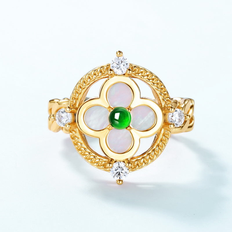Jadeite White Shell Four-Leaf Clover Jewelry Set | S925 Sterling Silver with 10K Gold-Plated Simulated Diamonds, Lucky Sweet Necklace, Earrings, and Ring