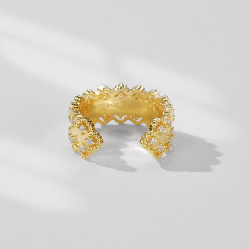 S925 sterling silver plated with 10K gold hand-brushed imitation diamond wavy ring | light luxury and versatile European and American style fashion jewelry