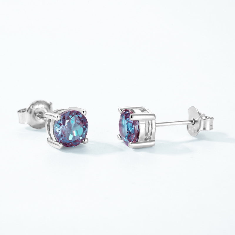 S925 sterling silver with thick platinum platinum four-claw Alexandrite earrings | June birthstone color-changing luxury earrings