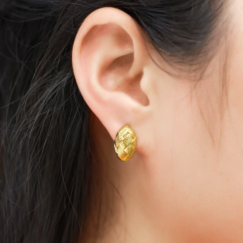 S925 sterling silver with 10K gold plated hand-brushed woven earrings | European and American light luxury earrings, retro and versatile jewelry