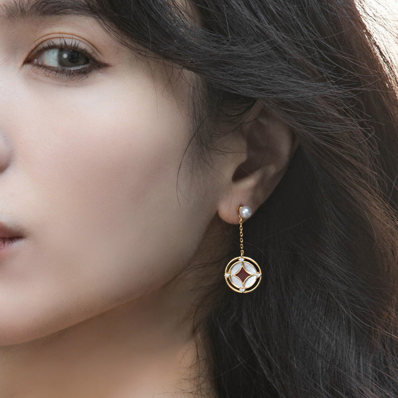 S925 sterling silver with 10K gold plated white shell freshwater pearl Tianxi Yuanbao Chinese style earrings