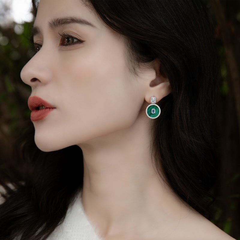 S925 sterling silver with thick platinum platinum stud earrings | Natural malachite imitation diamond European and American style high-end round earrings