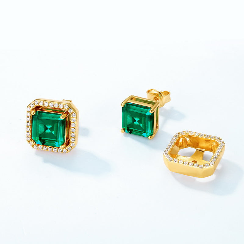 Cultivated Emerald Stud Earrings | S925 sterling silver plated with 10K gold and imitation diamonds for a luxurious feel