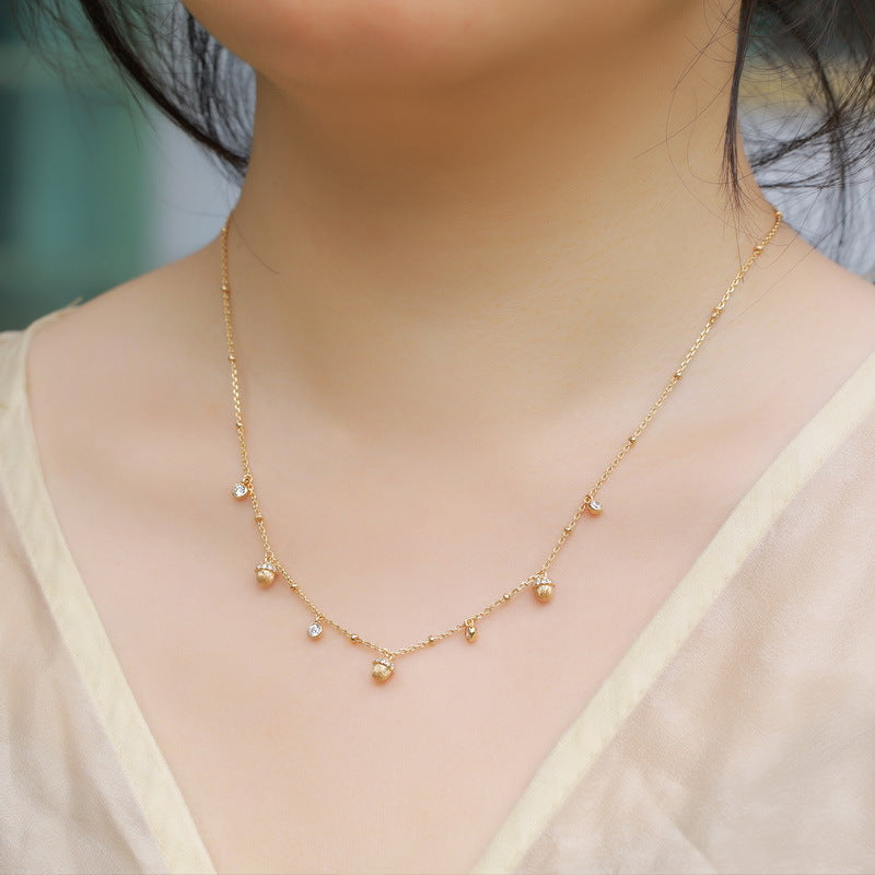 S925 sterling silver with 10K gold plated hazelnut pendant necklace | European and American style light luxury niche design retro clavicle chain exquisite imitation diamond jewelry