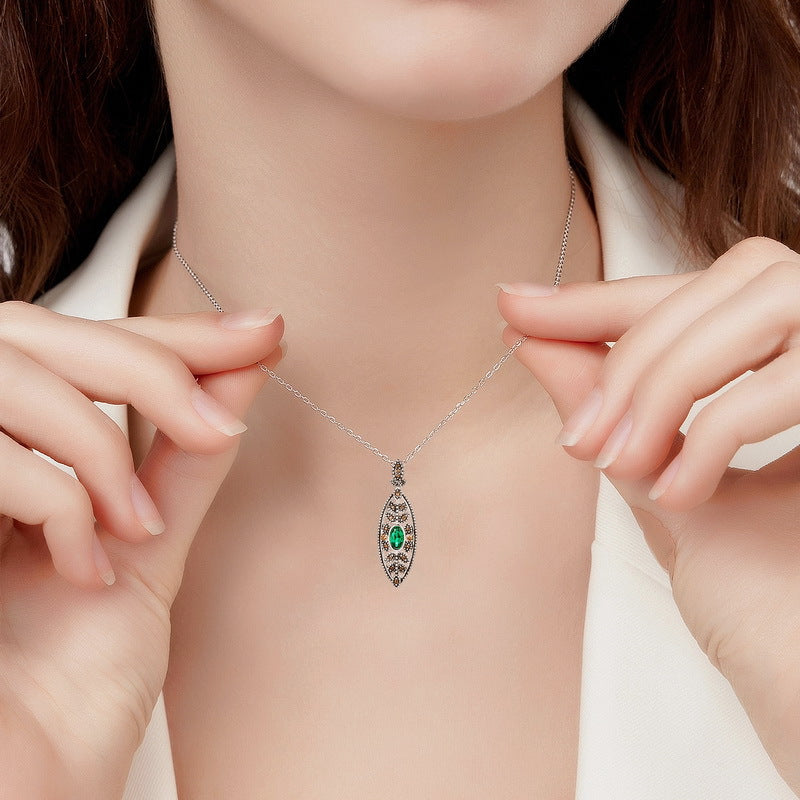 S925 Sterling Silver Plated Polished Silver European and American Style Jewelry Set | Cultivated Emerald Vintage Luxury Earrings, Ring, and Necklace