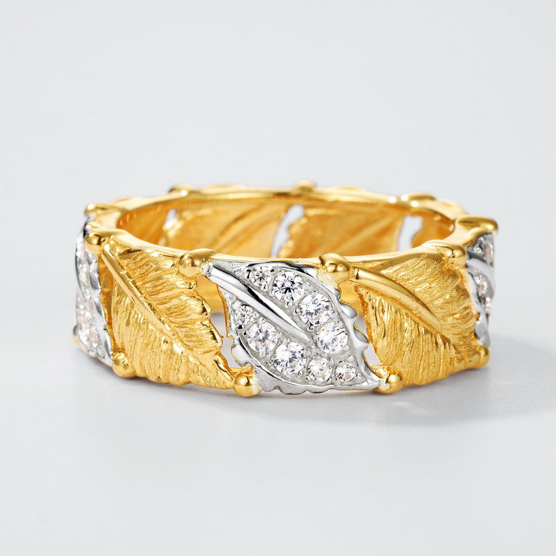 S925 sterling silver with 10K gold plated bright silver hand-brushed two-tone maple leaf ring | European and American fashion cool light luxury ring personality street design