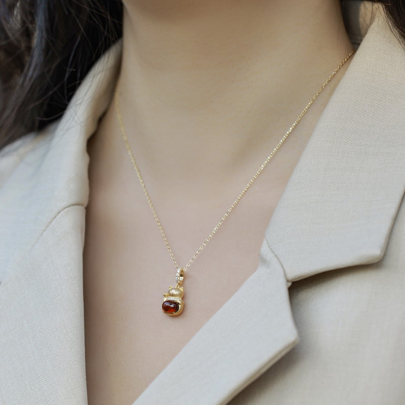 S925 sterling silver with 10K gold plated hand-brushed lucky cat pendant | Red garnet and diamond necklace to attract wealth and fortune lucky jewelry