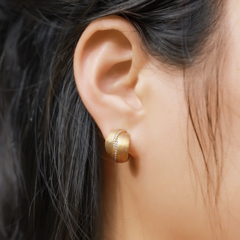 S925 sterling silver plated with 10K gold frosted high-end hand-brushed artificial imitation diamond earrings | European and American retro light luxury versatile jewelry