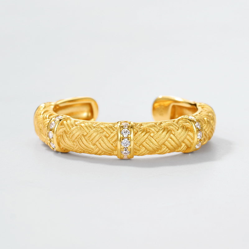 S925 sterling silver plated with 10K gold hand-brushed braided imitation diamond ring | European and American retro classic ring texture jewelry