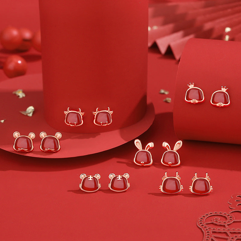 S925 sterling silver with rose gold and natural red agate Chinese Zodiac stud earrings | Cute and fun earrings for the lucky year of birth