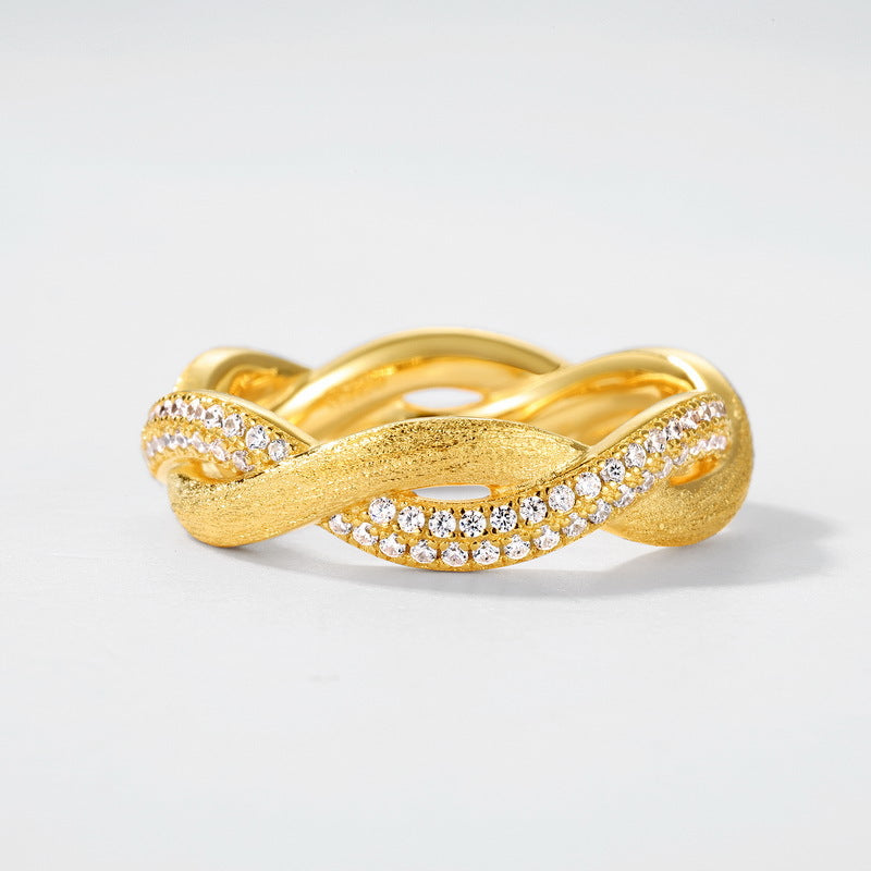 S925 sterling silver with 10K gold plated hand-brushed interwoven imitation diamond ring | Romantic and light luxury ring with love entanglement design