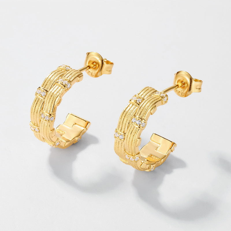 S925 sterling silver plated with 10K gold hand-brushed braided earrings and rings | Imitation diamond light luxury commuter set workplace fashion jewelry